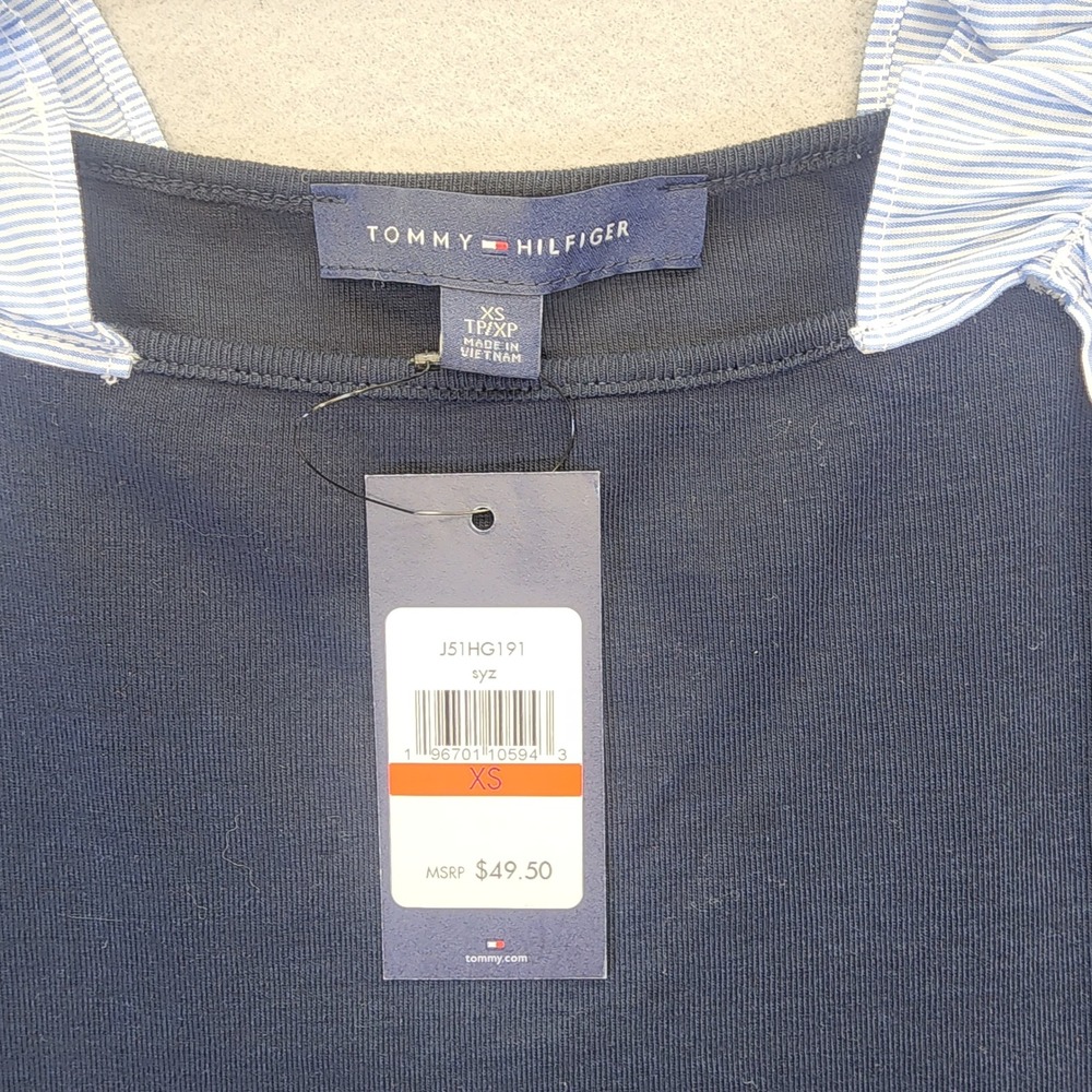 Tommy Hilfiger‎ Ruffle Shoulder Tank Top Navy Blue Striped Straps XS NWT Preppy - Picture 2 of 10